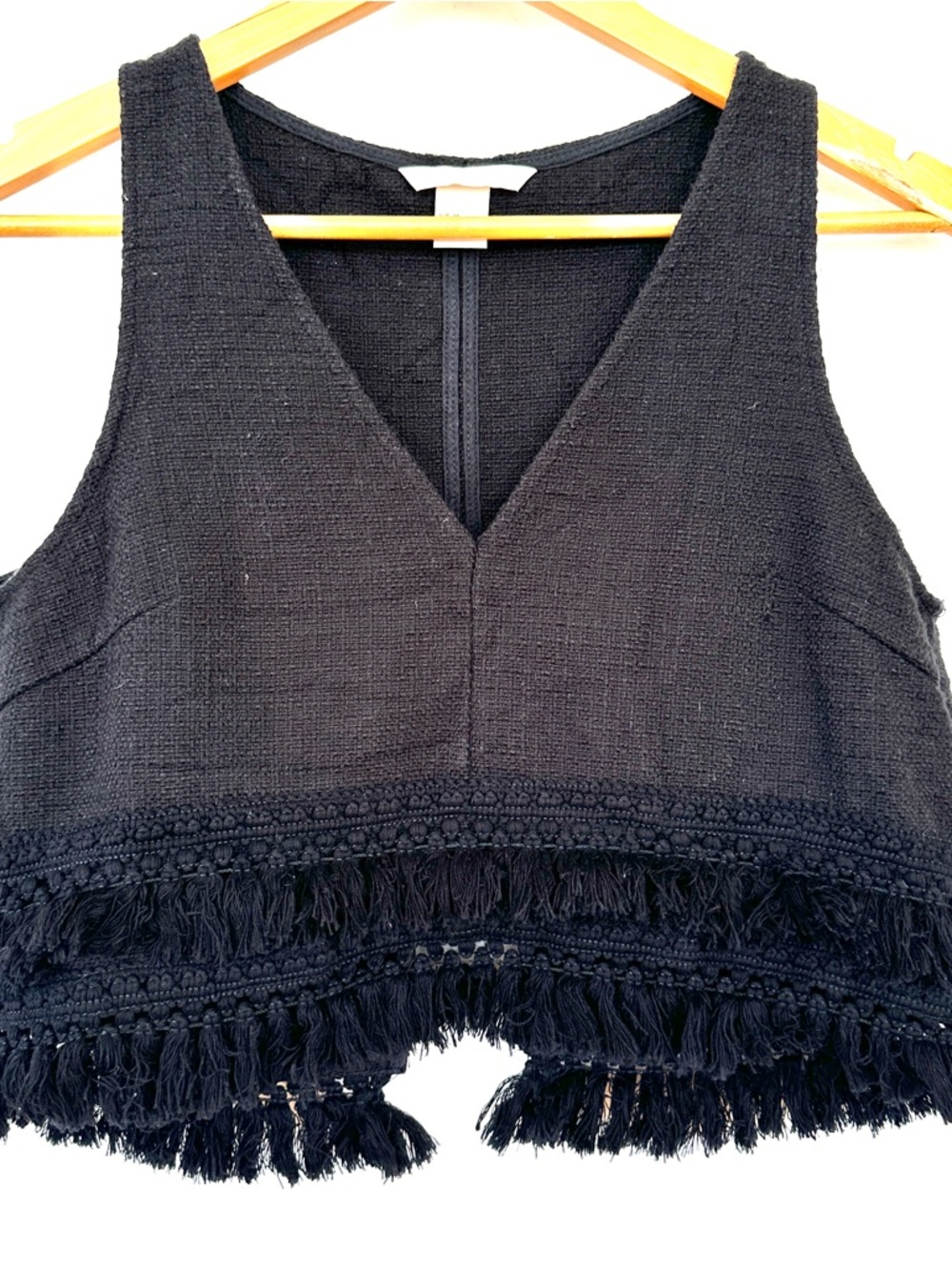 H&M Black Textured Knit Top with Fringe Trim, Loose Fit, High Low Hem
